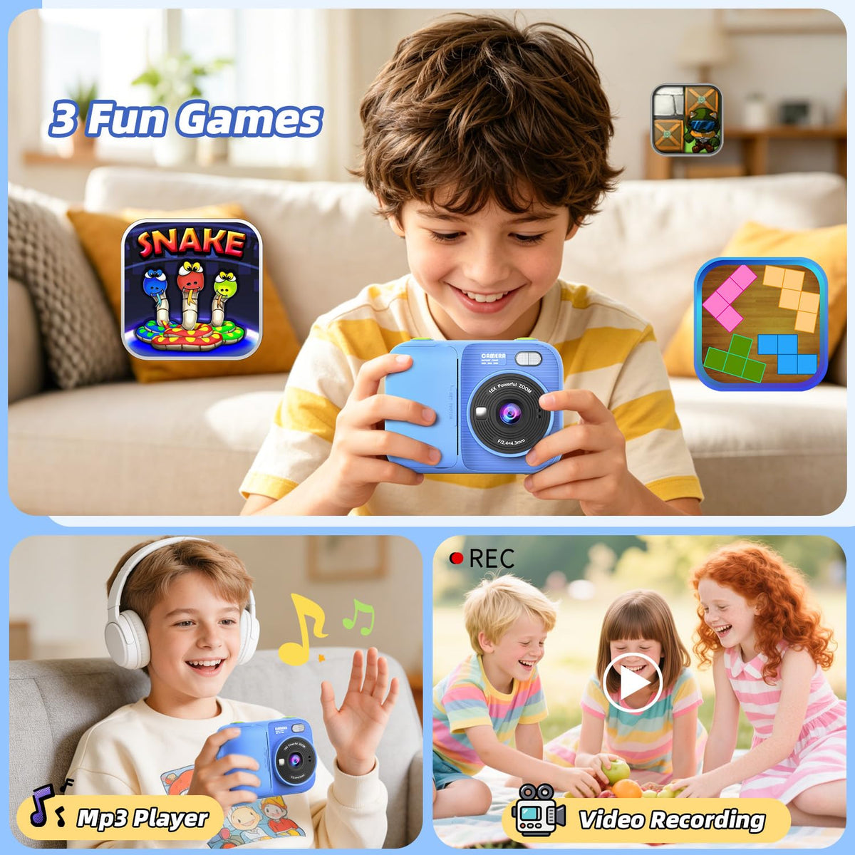 Kids Instant Print Camera with 5 Rolls Print Paper, 1080P HD Camera, Rechargeable Portable Toddler Selfie Camera, Christmas Birthday Gifts Toys for Boys Girls Age 3-12 (Red & Blue)