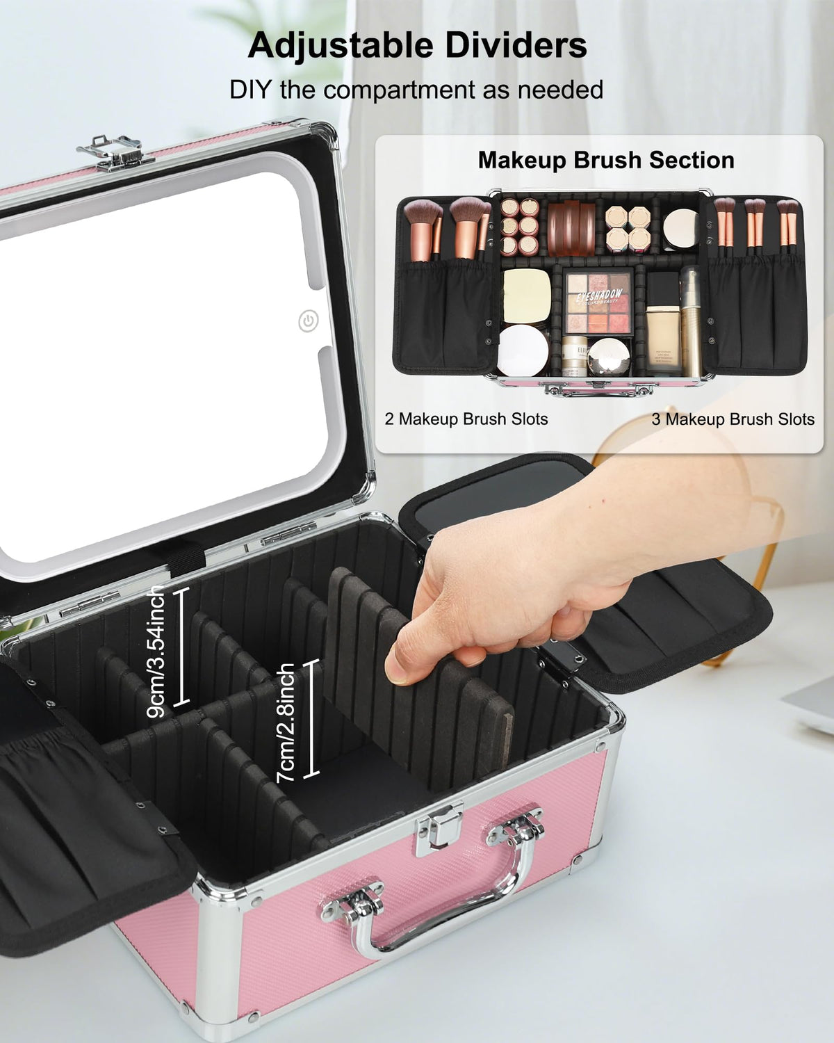 Relavel Makeup Bag with LED Mirror, Makeup Box Travel Train Case with Rechargeable Lighted Mirror & Adjustable Dividers, Cosmetic Brush Organizer Storage for Makeup Artists Gifts for Women and Girls