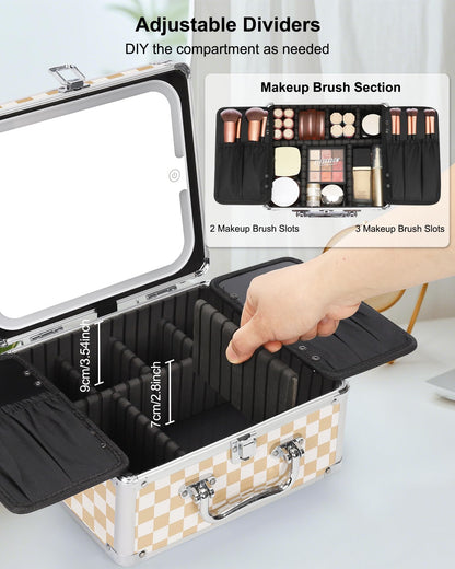 Makeup Train Case with LED Mirror, Rechargeable Travel Makeup Bag