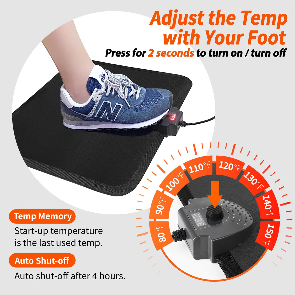 Heated Floor Mat Under Desk for Foot Warmer - Wider 110V Adjustable Temperature Electric Space Heaters Heating Pad - Carbon Crystal & Energy Saving Feet Warmers for Office,Home (Black Gray)