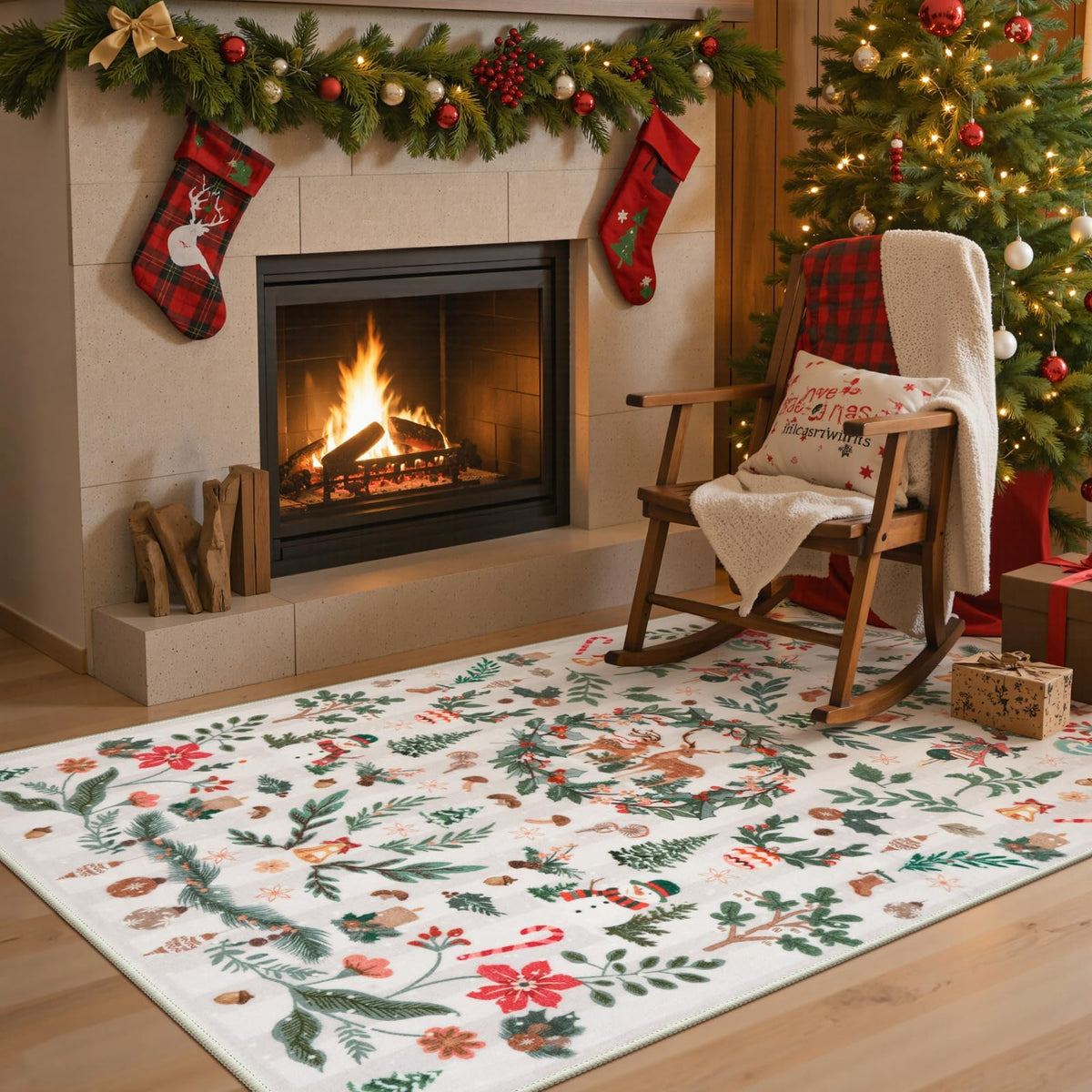 Lahome Christmas 8x10 Living Room Area Rug, Soft Christmas Tree Large Washable Rug for Bedroom, Non Slip Low Pile Indoor Floor Carpet for Home Office Xmas Holiday Decor, Beige