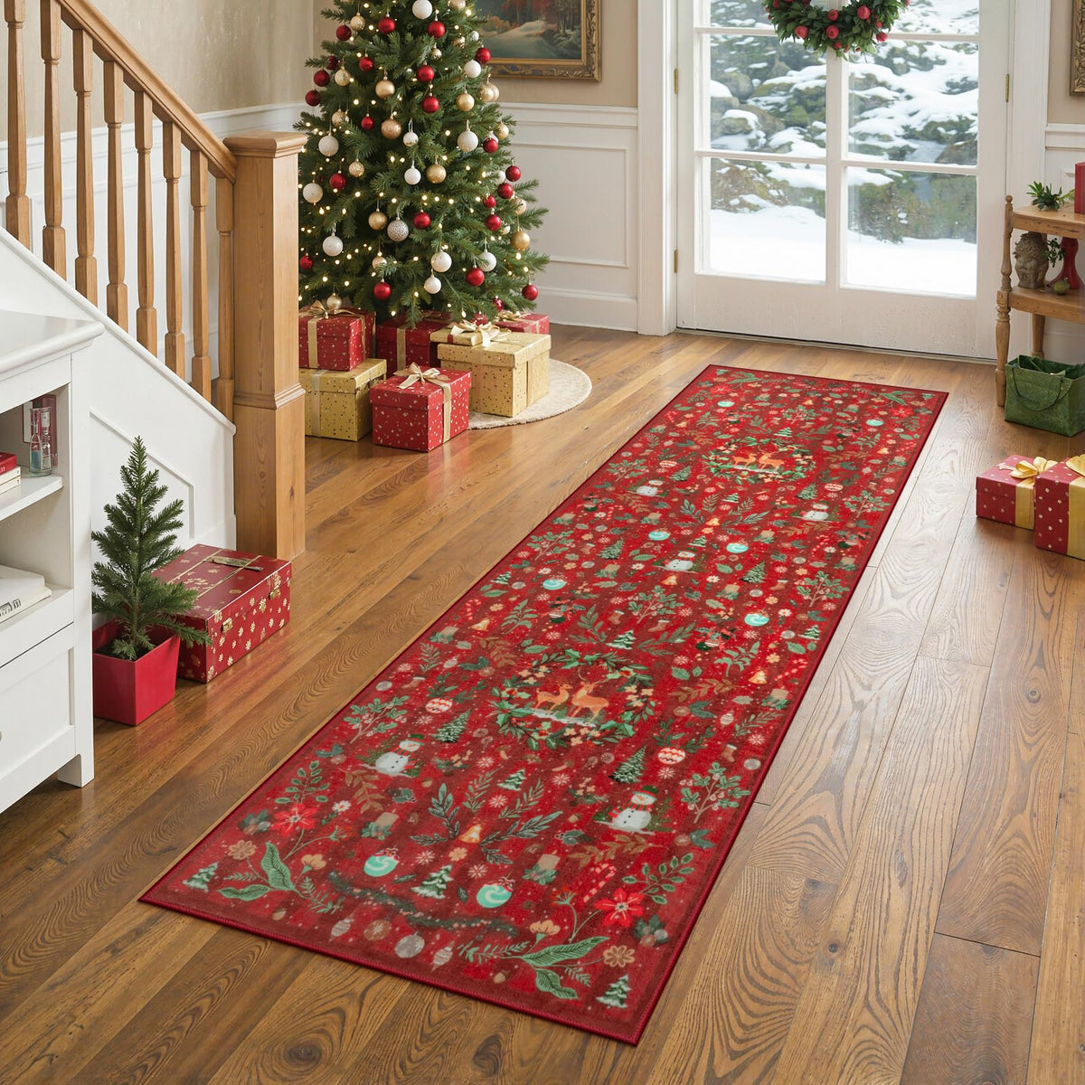 Lahome Christmas 8x10 Living Room Area Rug, Soft Christmas Tree Large Washable Rug for Bedroom, Non Slip Low Pile Indoor Floor Carpet for Home Office Xmas Holiday Decor, Beige