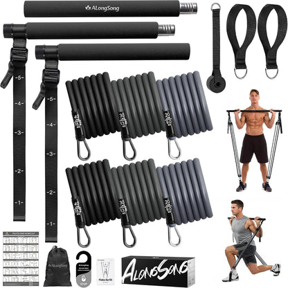 Upgraded Pilates Bar Kit with Resistance Bands Natural Latex for Women & Men, Heavy-Duty Stainless Steel Multifunctional Yoga Pilates Stick for Home Gym Exercise Fitness Equipment Full-Body Workouts