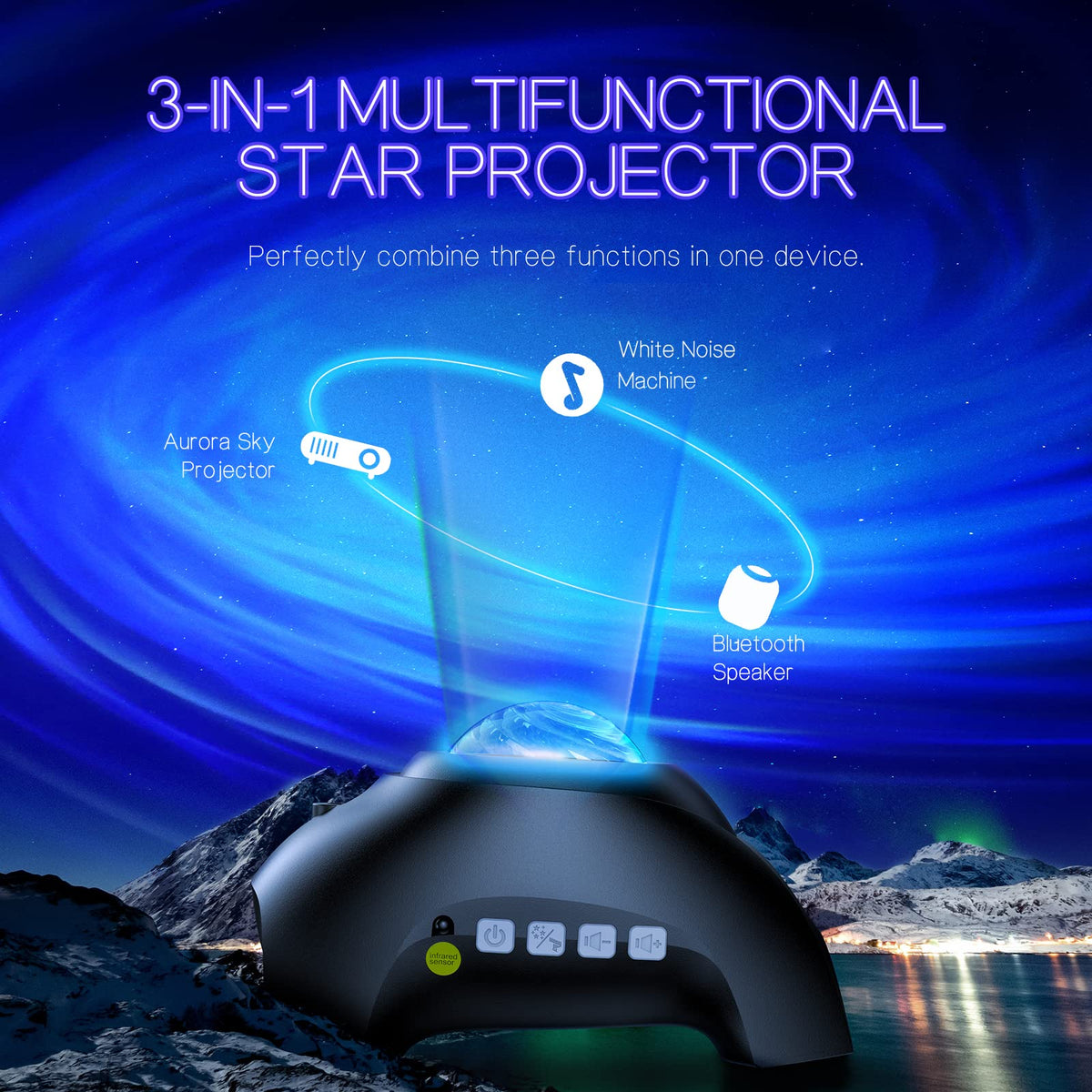Galaxy Projector Aurora Night Light with Bluetooth Speaker & White Noise