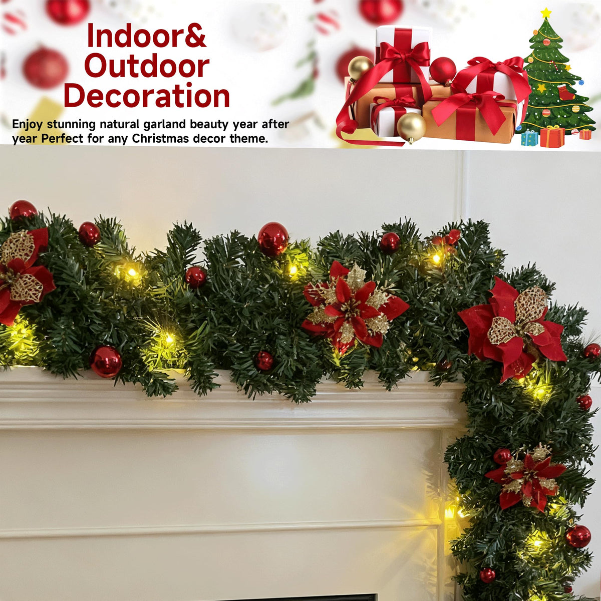 Christmas Garland with Lights 9ft, Prelit for Mantle, Stairs & Door