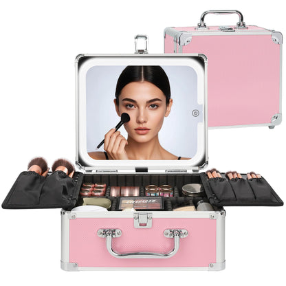 Makeup Train Case with LED Mirror, Rechargeable Travel Makeup Bag