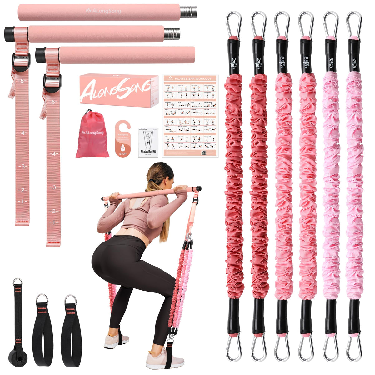 Upgraded Pilates Bar Kit with Resistance Bands Natural Latex for Women & Men, Heavy-Duty Stainless Steel Multifunctional Yoga Pilates Stick for Home Gym Exercise Fitness Equipment Full-Body Workouts