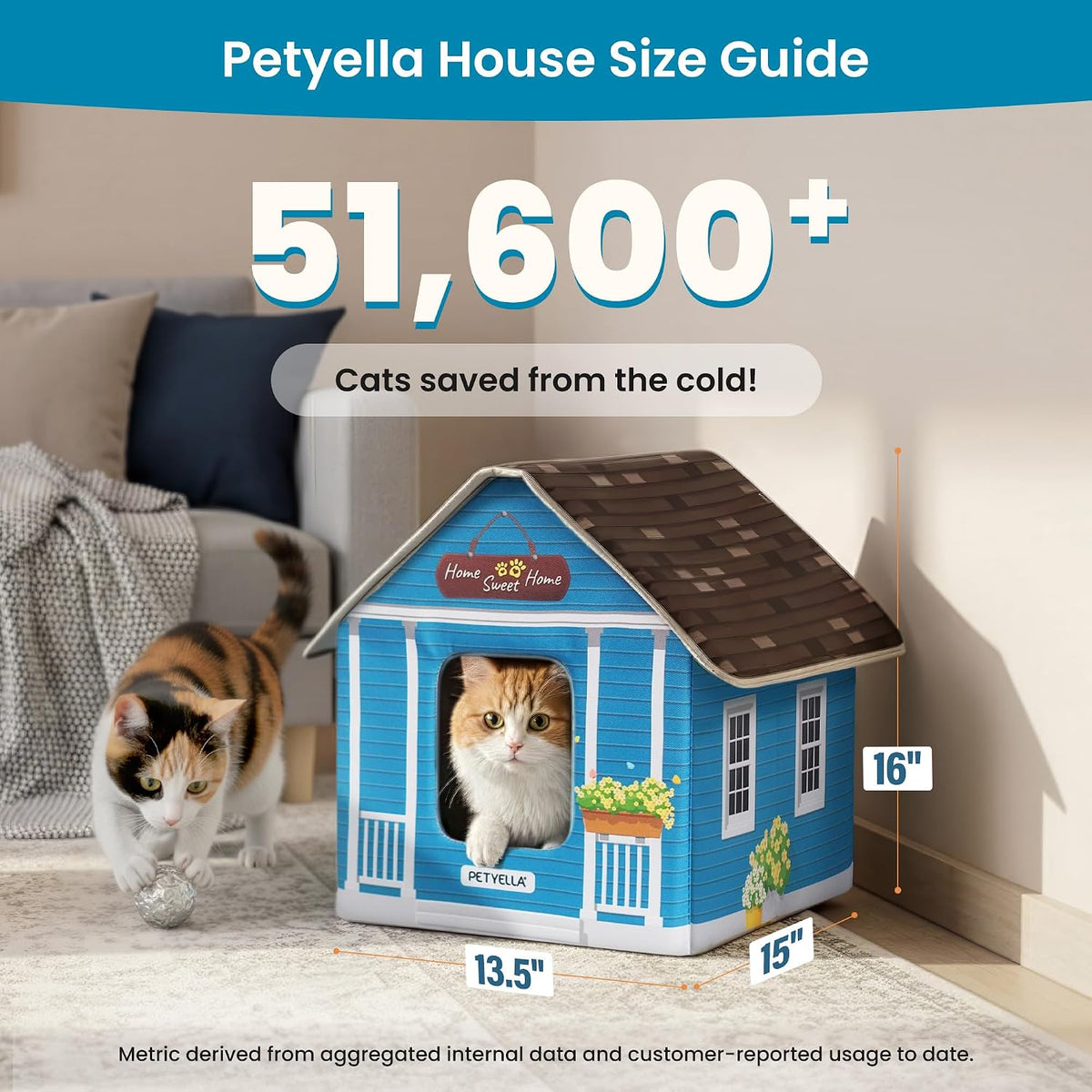 Deluxe Heated Cat House for Winter - Weatherproof, Insulated, Easy Assembly, Cat Heating Pad, Dual Escape Doors, Outdoor & Indoor Cat House - Blue Tiles Pethouse