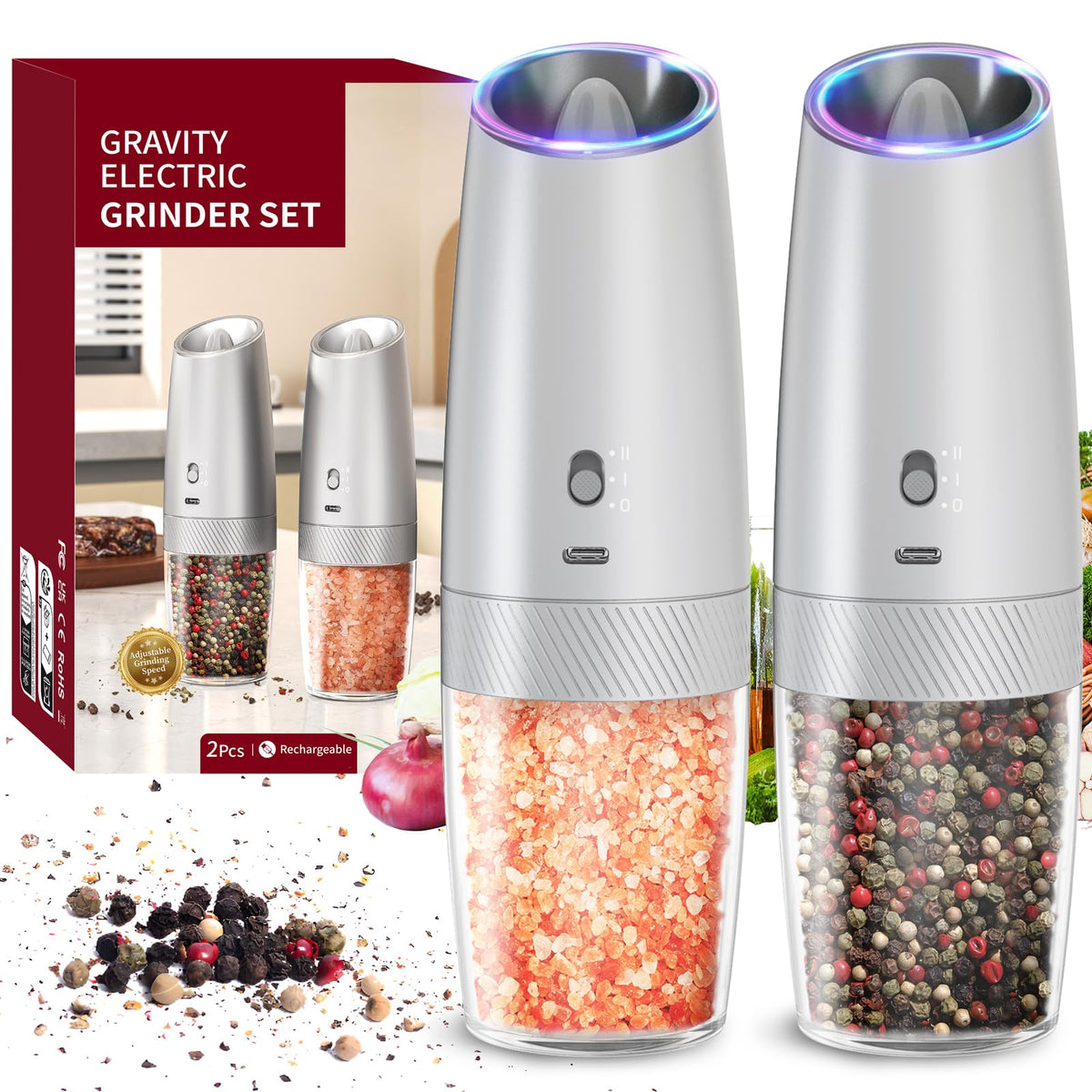CIRCLE JOY Rechargeable Salt and Pepper Grinder Set Gravity Electric Salt and Pepper Grinder Set, LED Light, Adjustable Coarseness, for Home Kitchen BBQ, Black & White