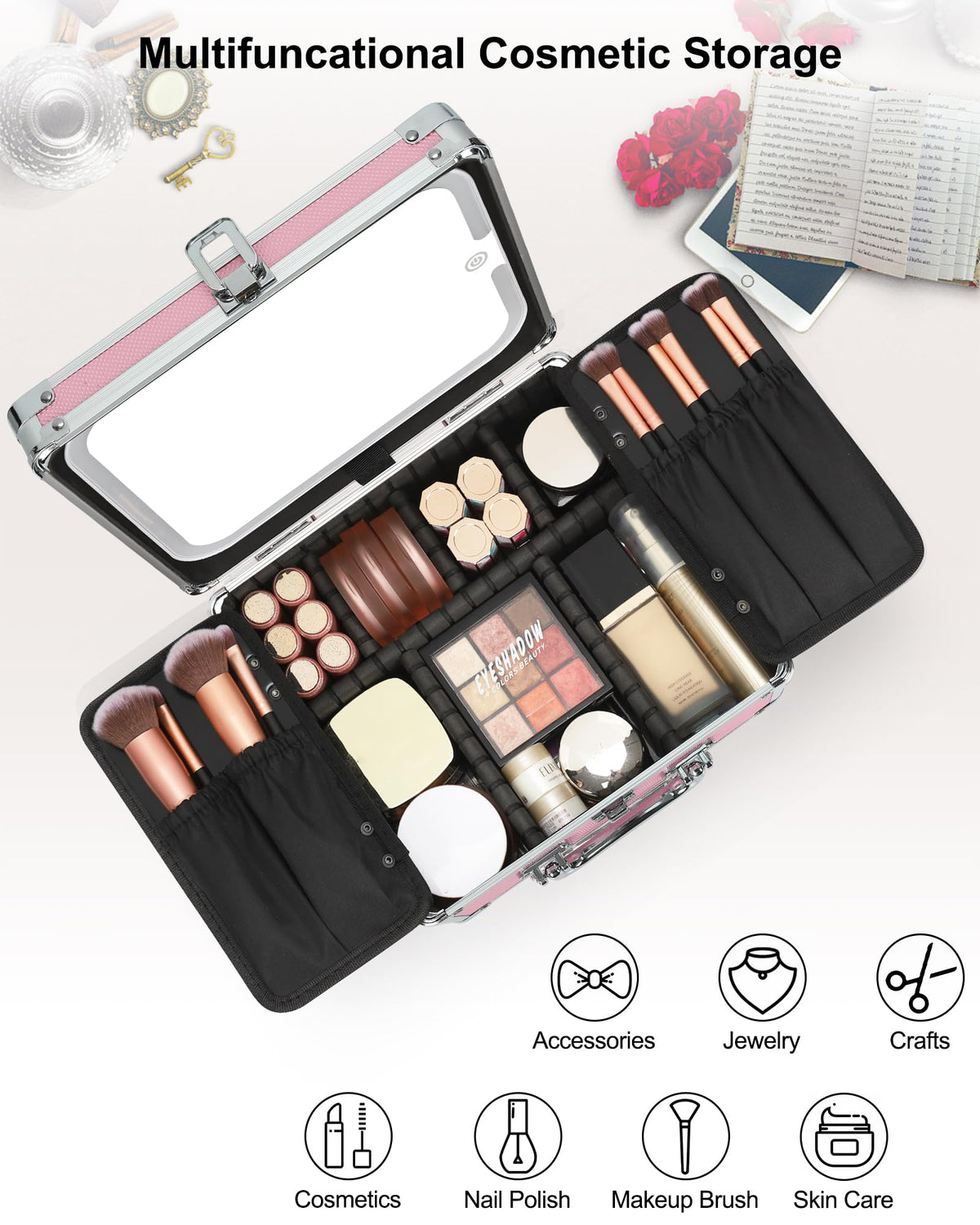 Relavel Makeup Bag with LED Mirror, Makeup Box Travel Train Case with Rechargeable Lighted Mirror & Adjustable Dividers, Cosmetic Brush Organizer Storage for Makeup Artists Gifts for Women and Girls