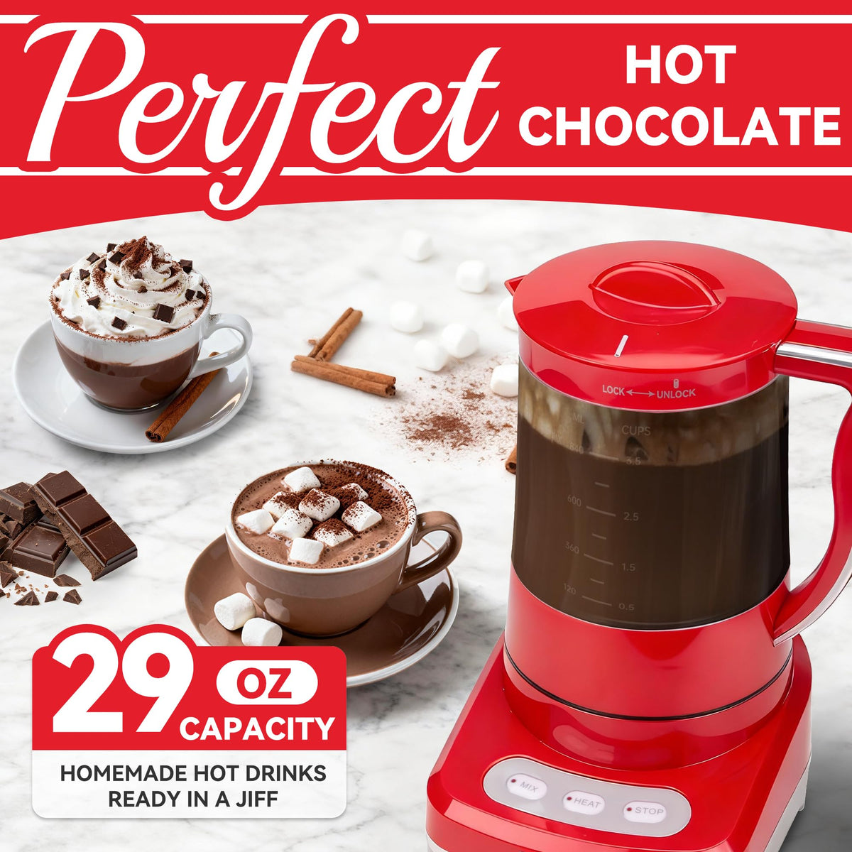 SugarWhisk 29 Oz Hot Chocolate Maker Machine, Electric Milk Frother and Steamer, Hot Cocoa Maker Machine for Hot Chocolate Bar, Detachable Pitcher, 2 Speed Mode, 3.5 Cups, Aqua