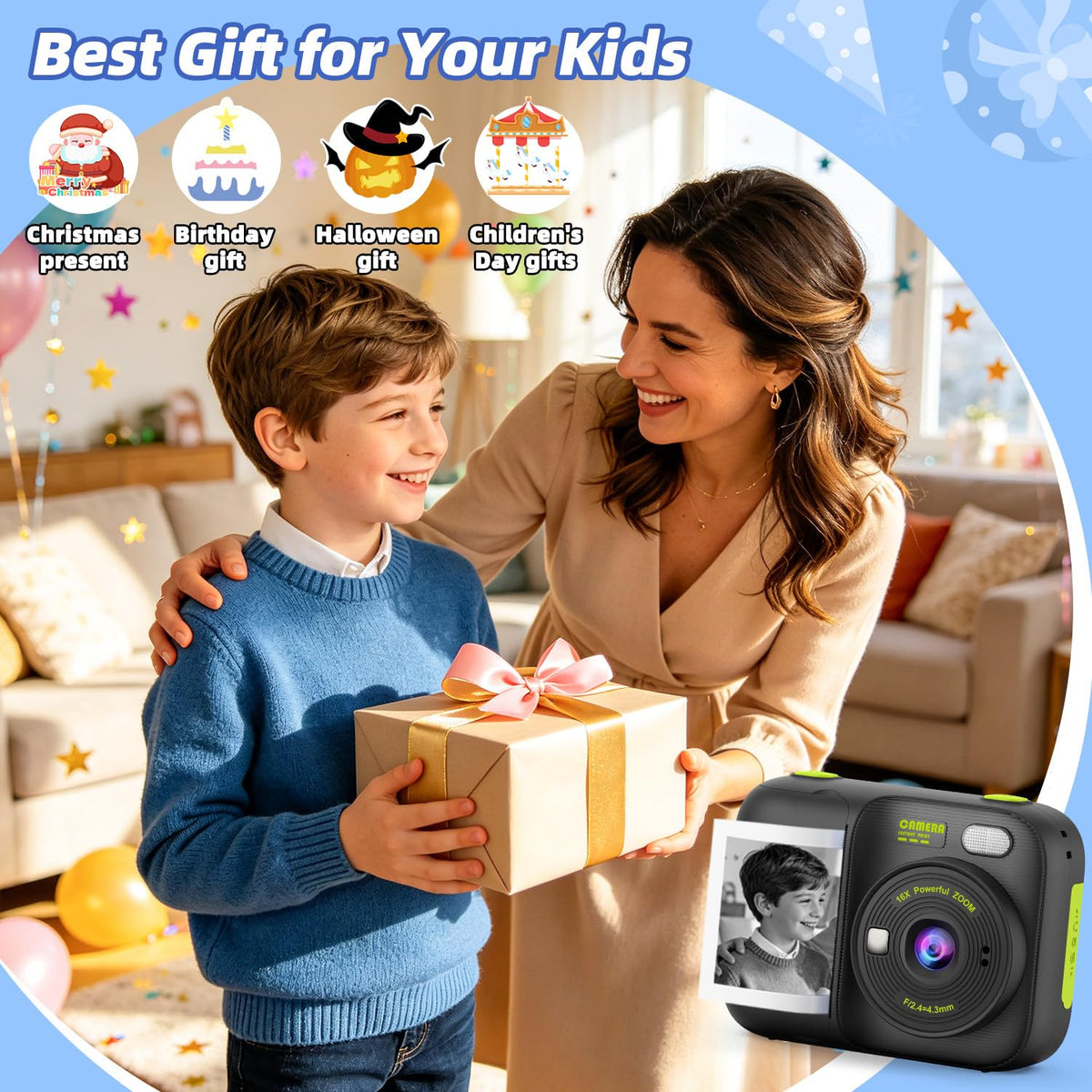 Kids Instant Print Camera with 5 Rolls Print Paper, 1080P HD Camera, Rechargeable Portable Toddler Selfie Camera, Christmas Birthday Gifts Toys for Boys Girls Age 3-12 (Red & Blue)