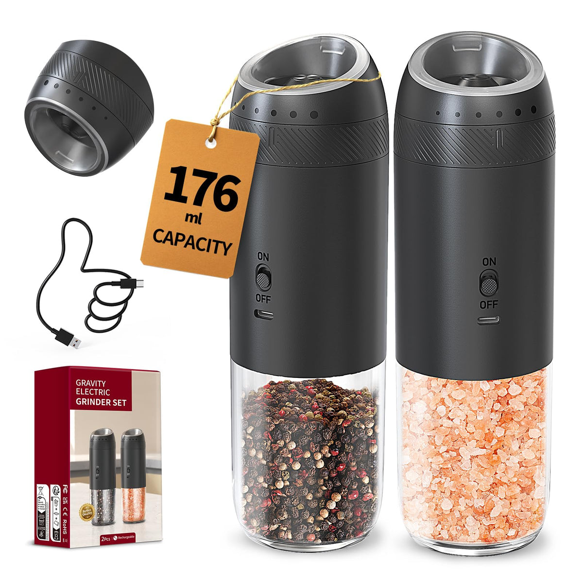CIRCLE JOY Rechargeable Salt and Pepper Grinder Set Gravity Electric Salt and Pepper Grinder Set, LED Light, Adjustable Coarseness, for Home Kitchen BBQ, Black & White