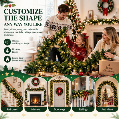 Christmas Garland with Lights 9ft, Prelit for Mantle, Stairs & Door