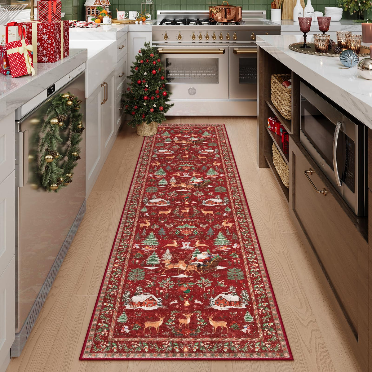 Lahome Christmas 8x10 Living Room Area Rug, Soft Christmas Tree Large Washable Rug for Bedroom, Non Slip Low Pile Indoor Floor Carpet for Home Office Xmas Holiday Decor, Beige