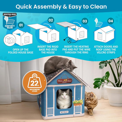 Heated Cat House for Winter, Insulated with Heating Pad & 2 Doors