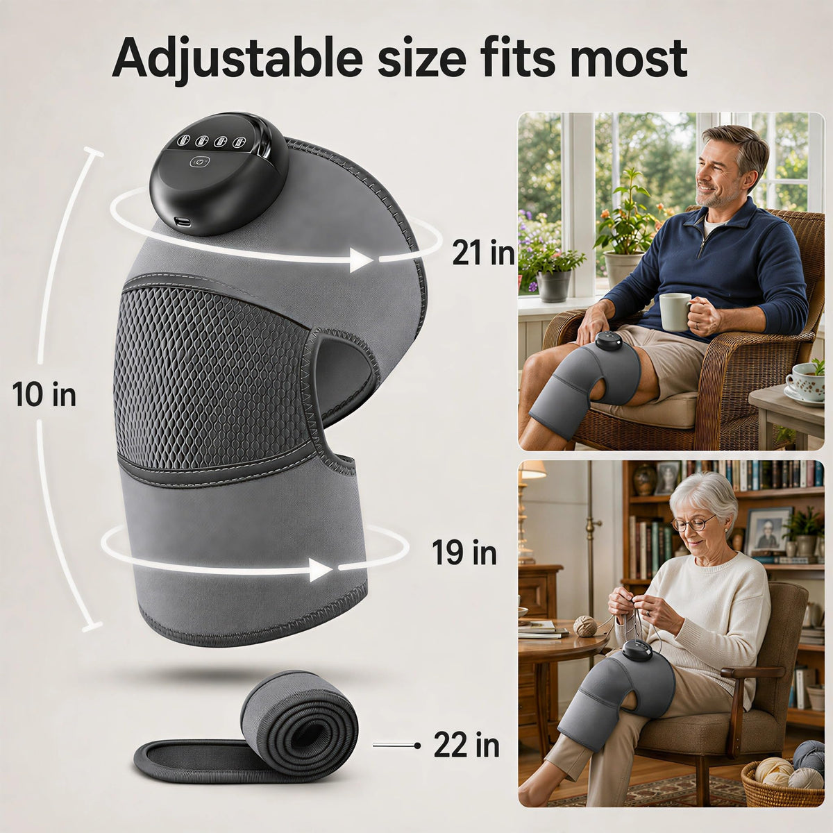 Cordless Heated Knee Massager Wrap 4 Heat Levels 6 Vibration Gray