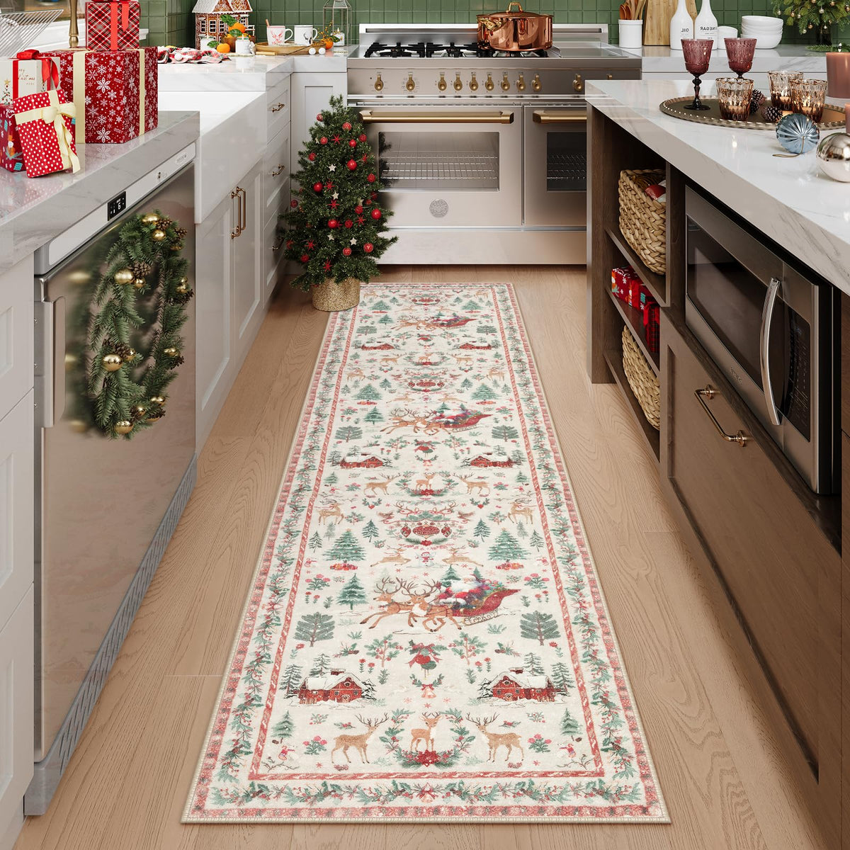 Lahome Christmas 8x10 Living Room Area Rug, Soft Christmas Tree Large Washable Rug for Bedroom, Non Slip Low Pile Indoor Floor Carpet for Home Office Xmas Holiday Decor, Beige