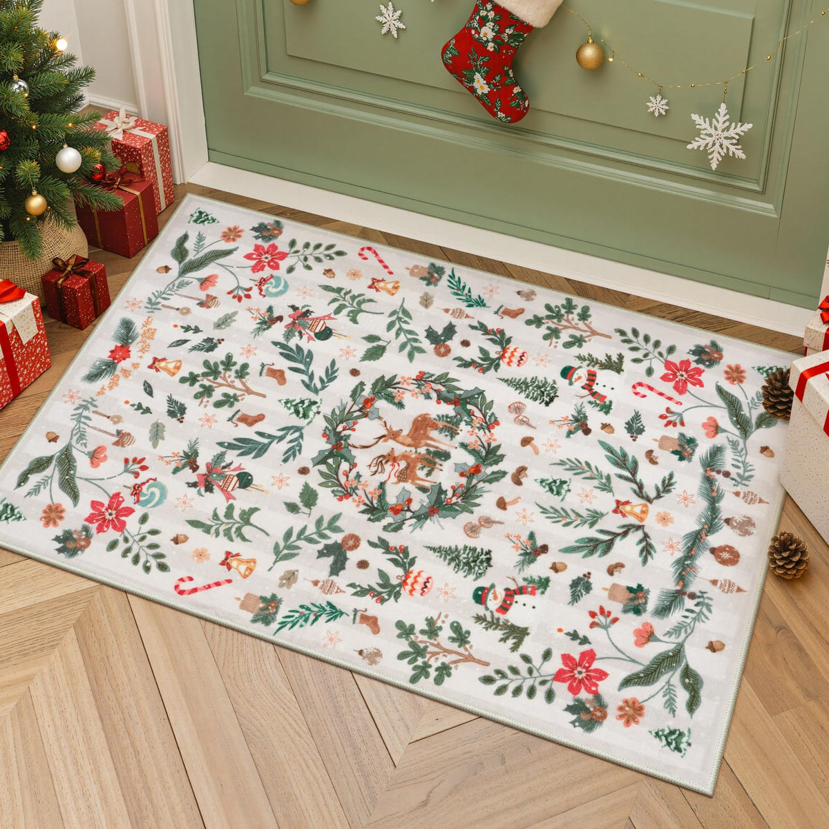 Lahome Christmas 8x10 Living Room Area Rug, Soft Christmas Tree Large Washable Rug for Bedroom, Non Slip Low Pile Indoor Floor Carpet for Home Office Xmas Holiday Decor, Beige