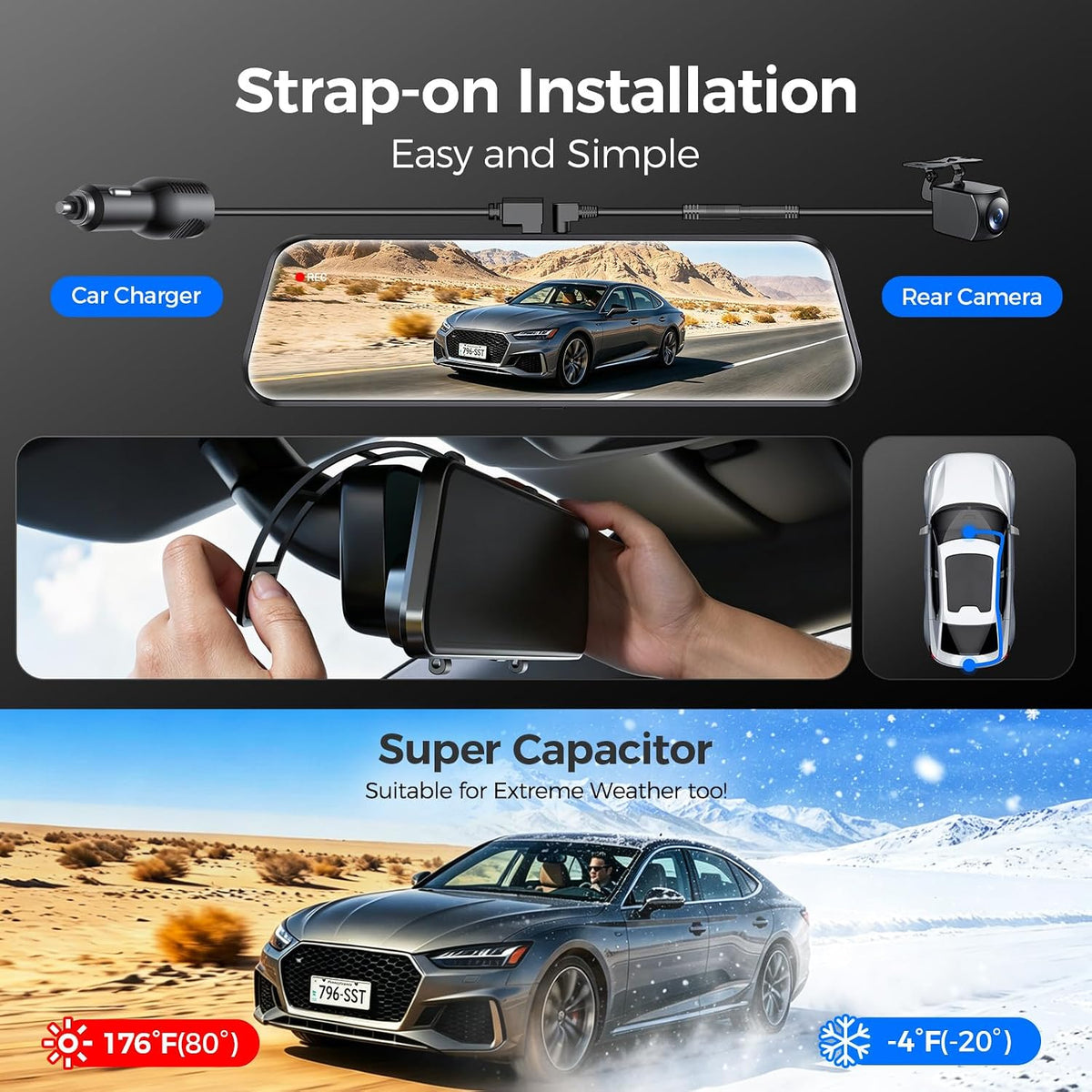 Mirror Dash Cam,10" 1080P Touch Screen Front & Rear View Mirror Camera