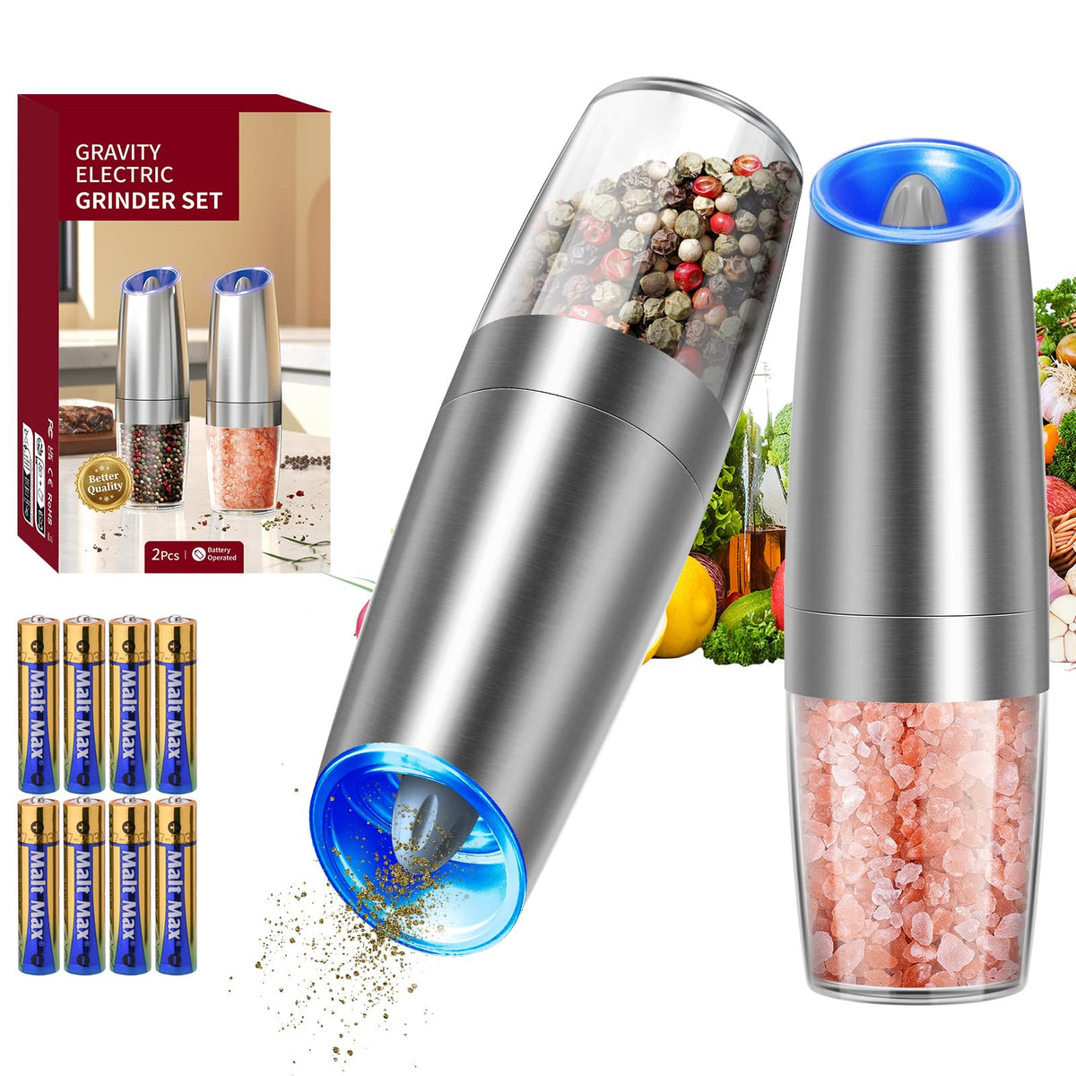 Electric Salt and Pepper Grinder Set, Gravity Rechargeable with LED