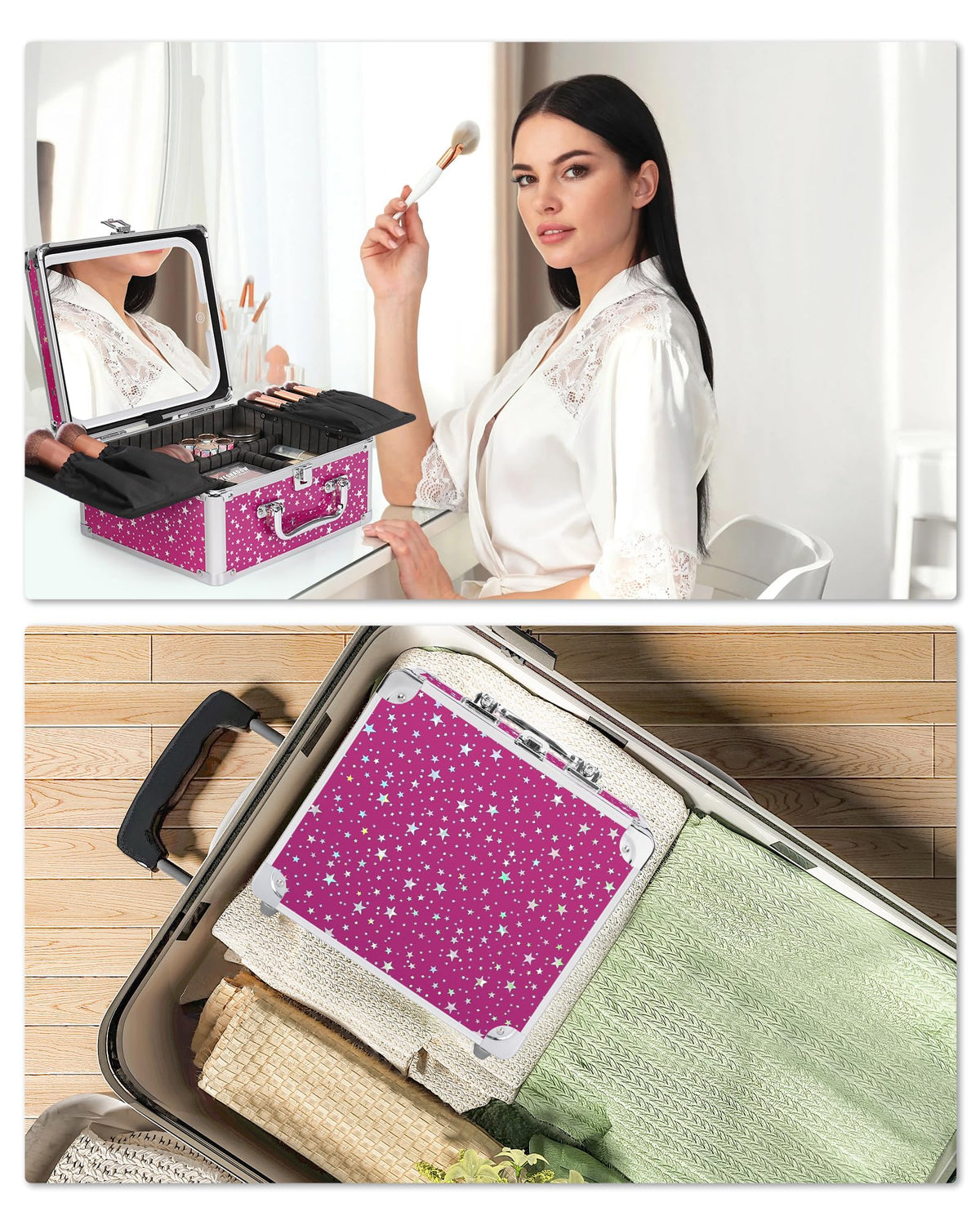 Relavel Makeup Bag with LED Mirror, Makeup Box Travel Train Case with Rechargeable Lighted Mirror & Adjustable Dividers, Cosmetic Brush Organizer Storage for Makeup Artists Gifts for Women and Girls