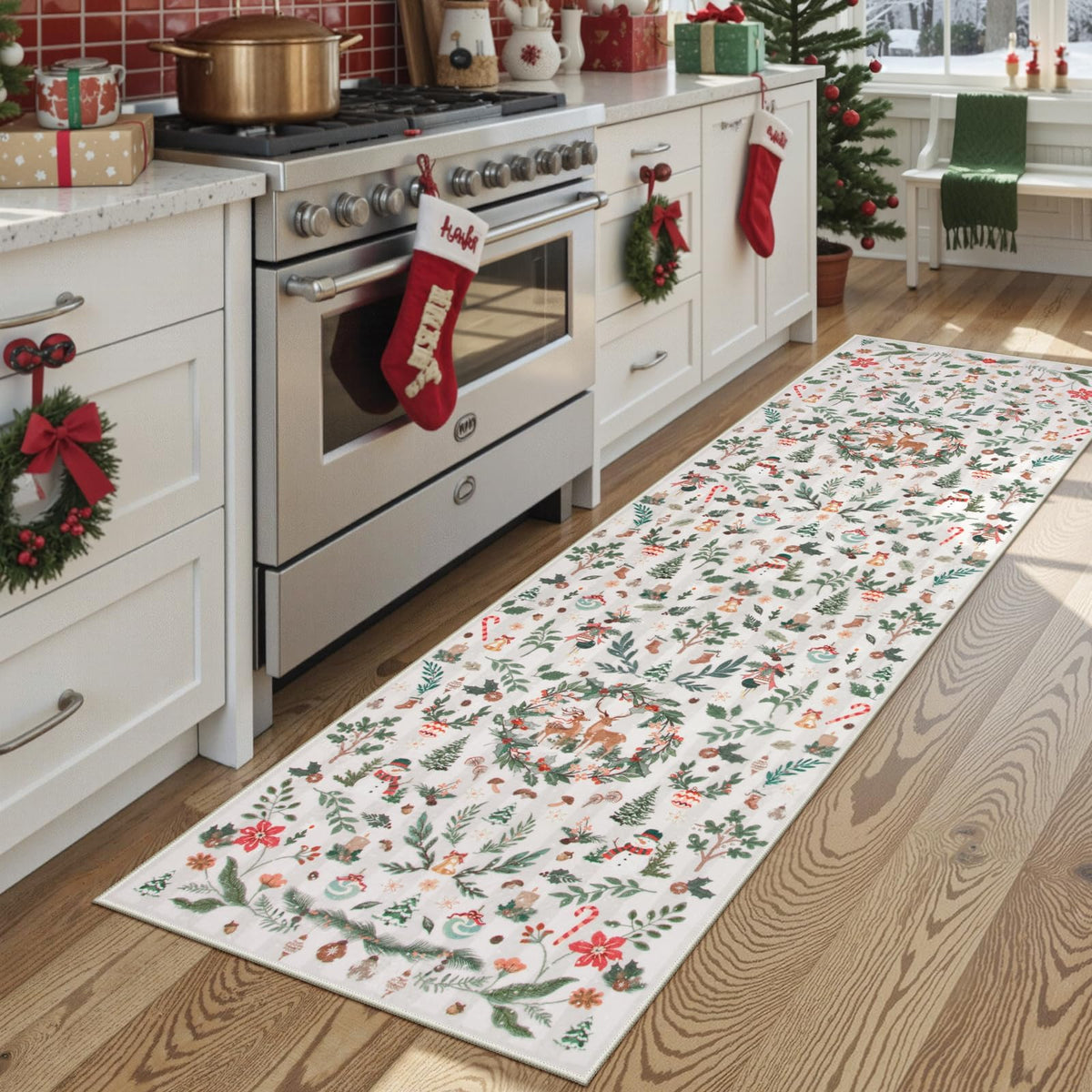 Lahome Christmas 8x10 Living Room Area Rug, Soft Christmas Tree Large Washable Rug for Bedroom, Non Slip Low Pile Indoor Floor Carpet for Home Office Xmas Holiday Decor, Beige