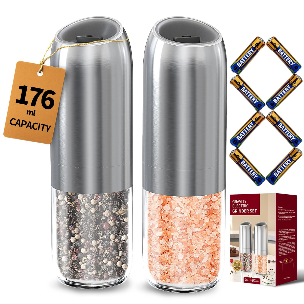 CIRCLE JOY Rechargeable Salt and Pepper Grinder Set Gravity Electric Salt and Pepper Grinder Set, LED Light, Adjustable Coarseness, for Home Kitchen BBQ, Black & White