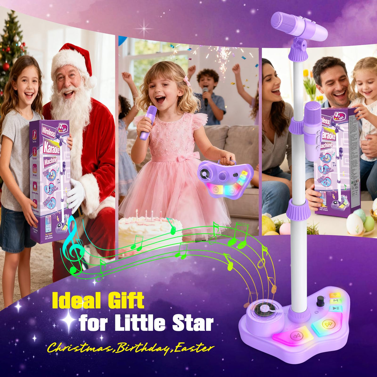 Kids Stand Karaoke Machine Toys for 3 4 5 6 7 8 Year Old Girls Gift, Kid Rechargeable Microphone Toddler Christmas Birthday Gift Singing Toy for Girl Ages 3-5 4-6, Bluetooth Speaker with 2 Mics