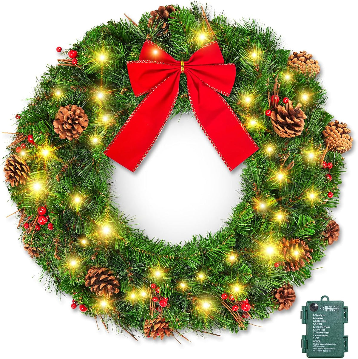 Brightown 24 Inch Pre-Lit Christmas Wreaths for Front Door, 50LED