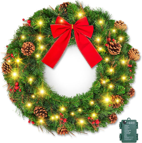 Brightown 24 Inch Pre-Lit Christmas Wreaths for Front Door, 50LED