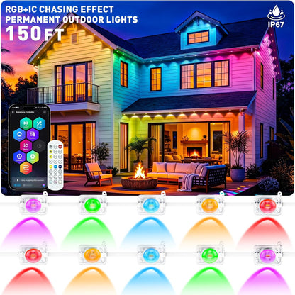 Permanent Outdoor Lights 150ft, Smart RGBIC Eave Lights, IP67 Waterproof