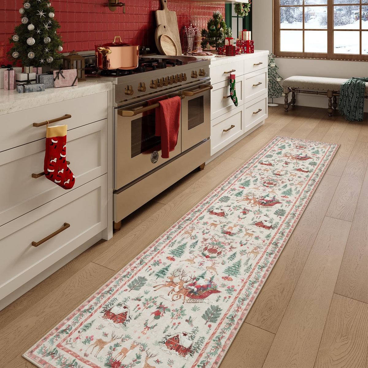 Lahome Christmas 8x10 Living Room Area Rug, Soft Christmas Tree Large Washable Rug for Bedroom, Non Slip Low Pile Indoor Floor Carpet for Home Office Xmas Holiday Decor, Beige