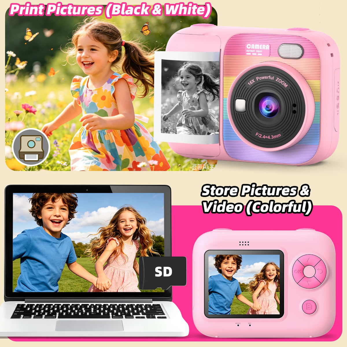 Kids Instant Print Camera with 5 Rolls Print Paper, 1080P HD Camera, Rechargeable Portable Toddler Selfie Camera, Christmas Birthday Gifts Toys for Boys Girls Age 3-12 (Red & Blue)