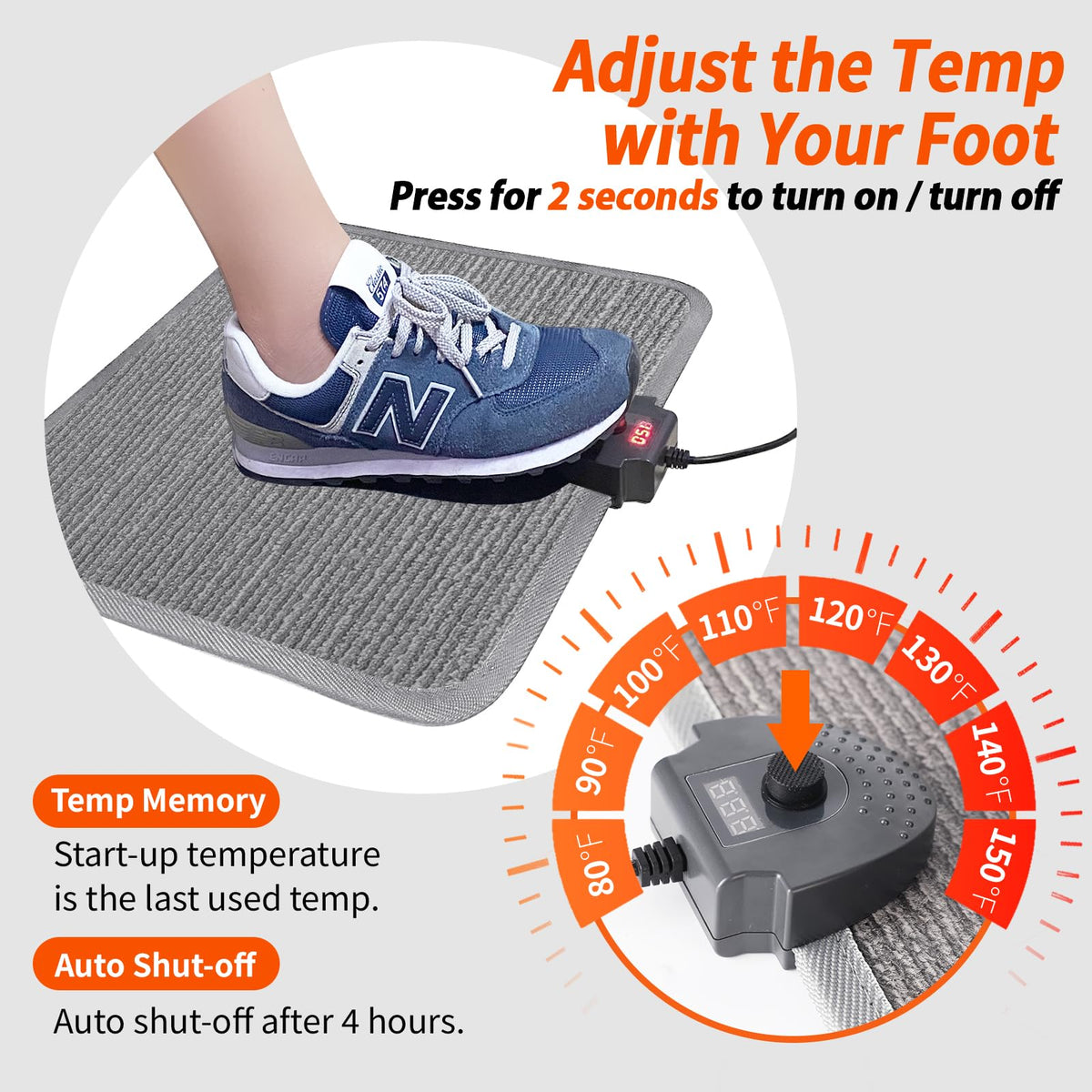 Heated Floor Mat Under Desk for Foot Warmer - Wider 110V Adjustable Temperature Electric Space Heaters Heating Pad - Carbon Crystal & Energy Saving Feet Warmers for Office,Home (Black Gray)