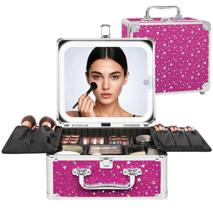 Makeup Train Case with LED Mirror, Rechargeable Travel Makeup Bag