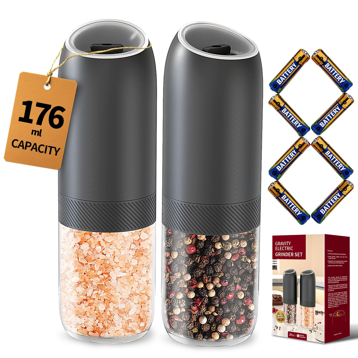 CIRCLE JOY Rechargeable Salt and Pepper Grinder Set Gravity Electric Salt and Pepper Grinder Set, LED Light, Adjustable Coarseness, for Home Kitchen BBQ, Black & White