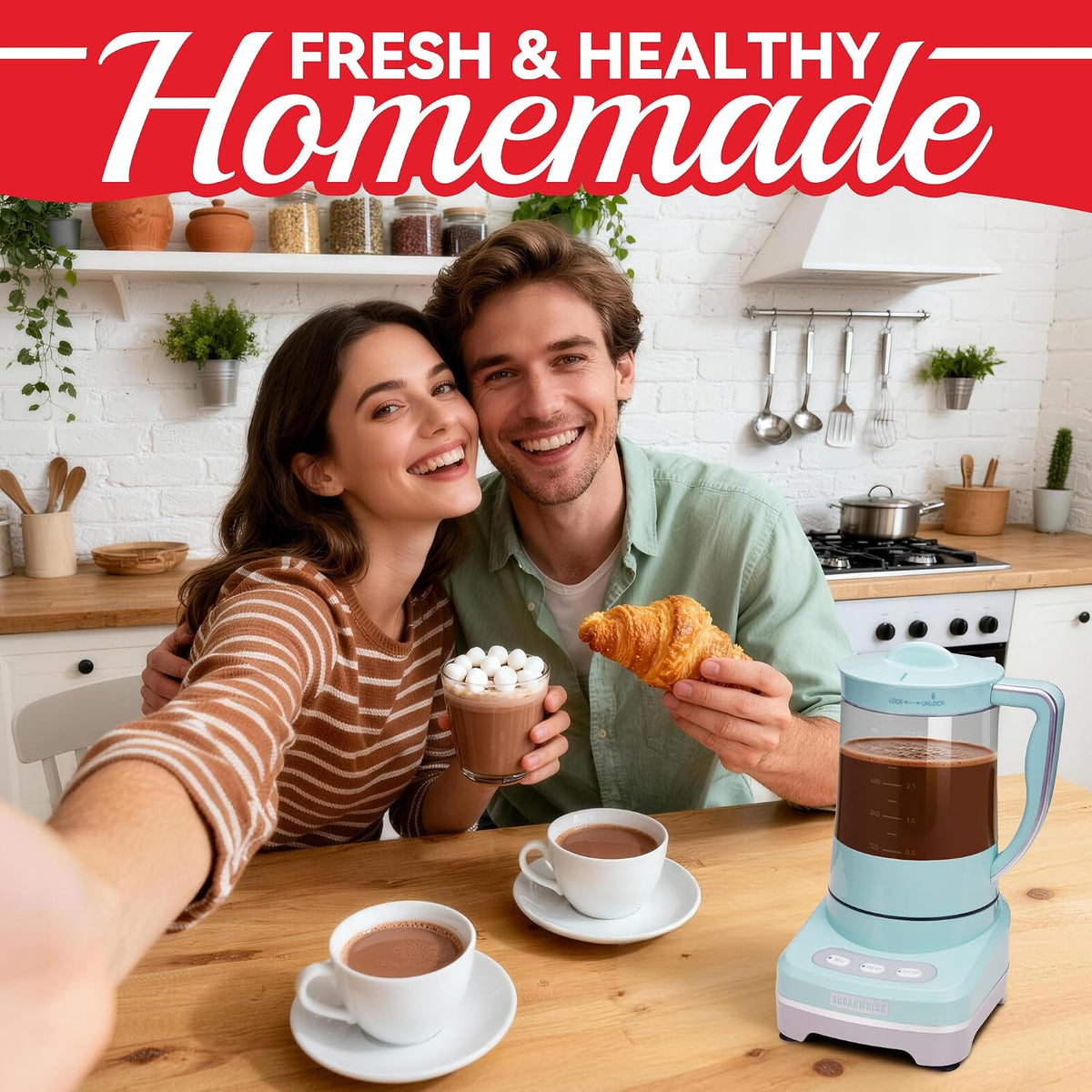SugarWhisk 29 Oz Hot Chocolate Maker Machine, Electric Milk Frother and Steamer, Hot Cocoa Maker Machine for Hot Chocolate Bar, Detachable Pitcher, 2 Speed Mode, 3.5 Cups, Aqua