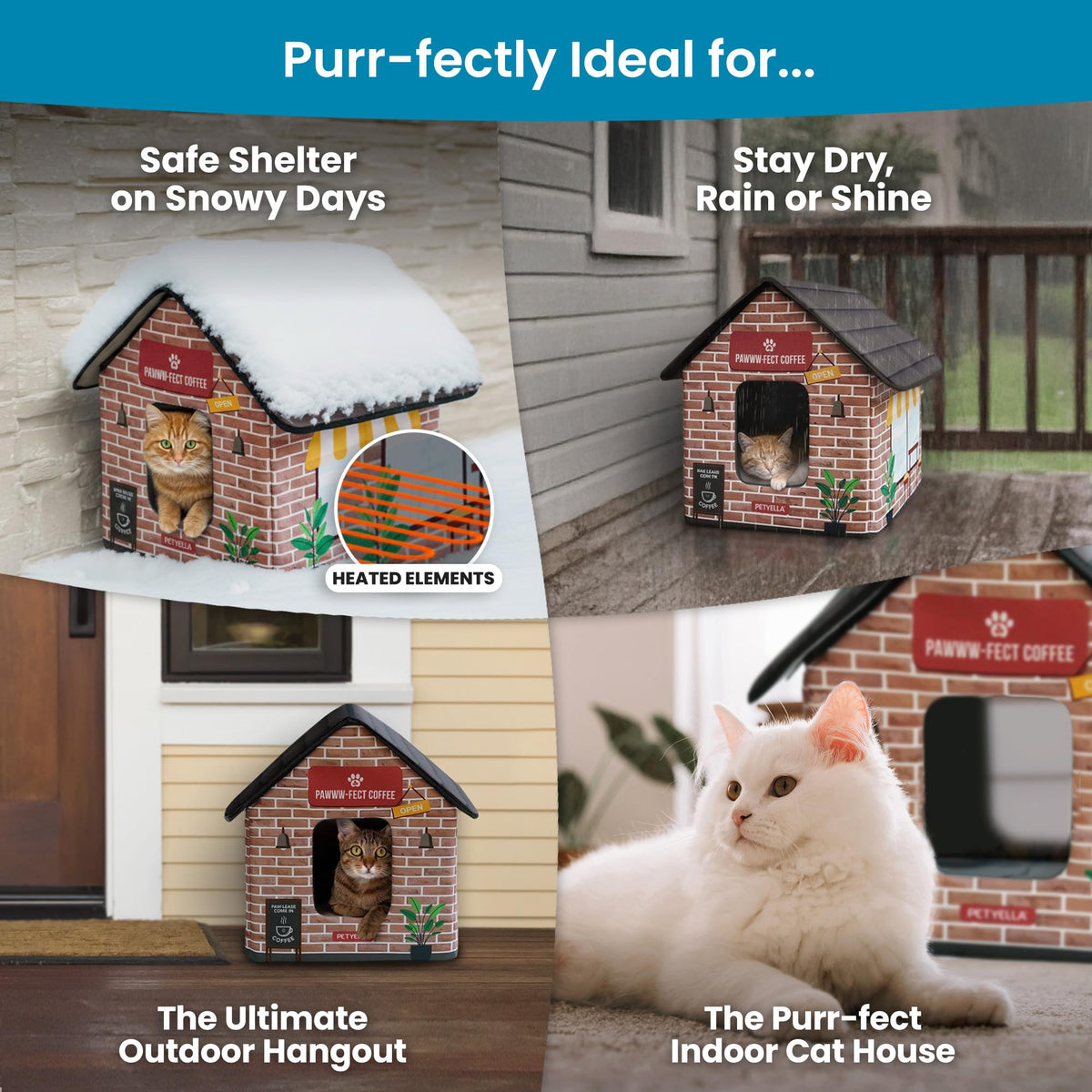 Deluxe Heated Cat House for Winter - Weatherproof, Insulated, Easy Assembly, Cat Heating Pad, Dual Escape Doors, Outdoor & Indoor Cat House - Blue Tiles Pethouse