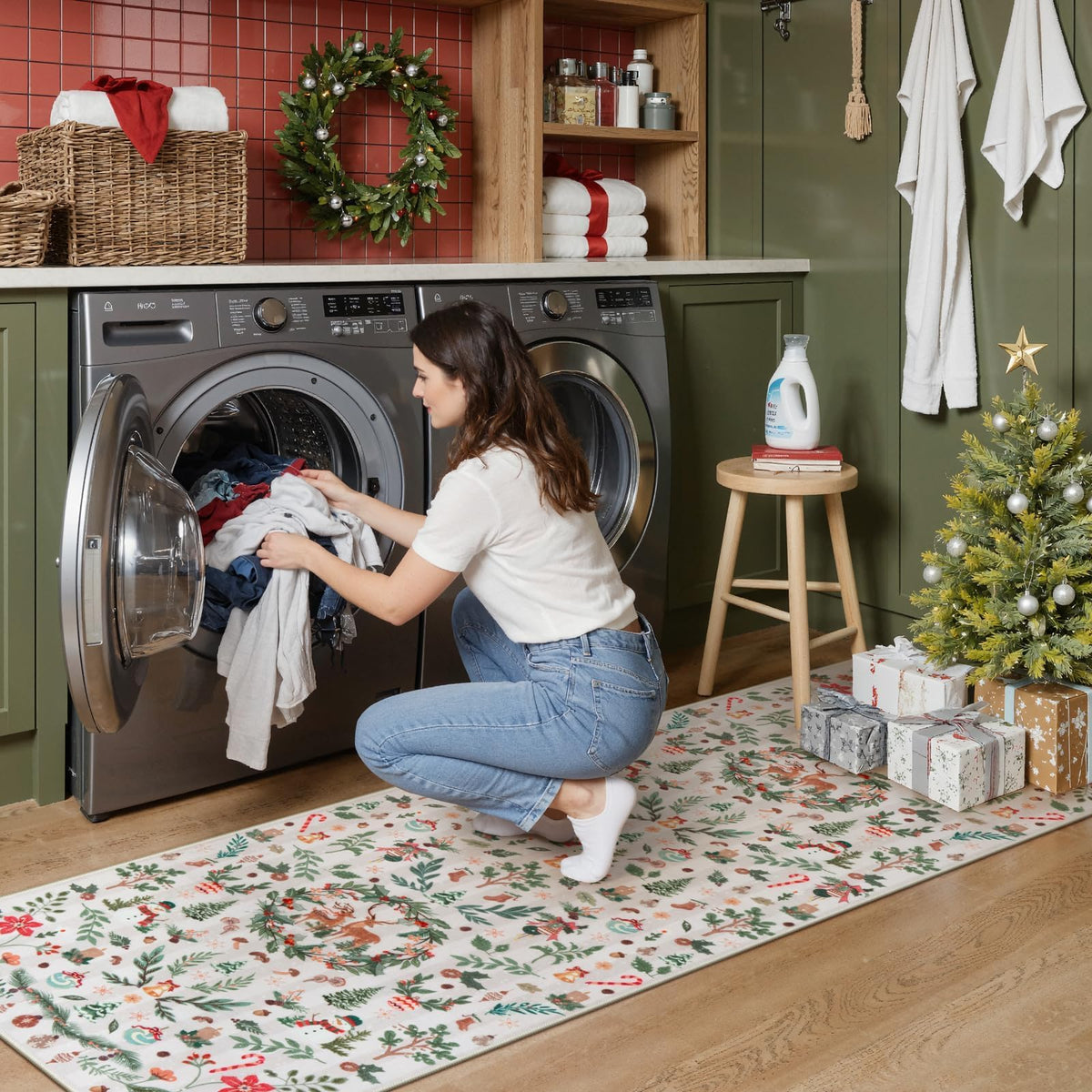 Lahome Christmas 8x10 Living Room Area Rug, Soft Christmas Tree Large Washable Rug for Bedroom, Non Slip Low Pile Indoor Floor Carpet for Home Office Xmas Holiday Decor, Beige
