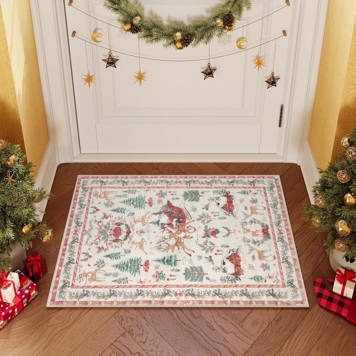 Lahome Christmas 8x10 Living Room Area Rug, Soft Christmas Tree Large Washable Rug for Bedroom, Non Slip Low Pile Indoor Floor Carpet for Home Office Xmas Holiday Decor, Beige
