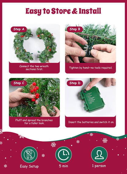 Brightown 24 Inch Pre-Lit Christmas Wreaths for Front Door, 50LED