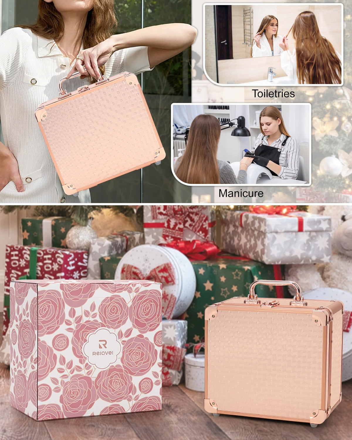 Relavel Makeup Bag with LED Mirror, Makeup Box Travel Train Case with Rechargeable Lighted Mirror & Adjustable Dividers, Cosmetic Brush Organizer Storage for Makeup Artists Gifts for Women and Girls