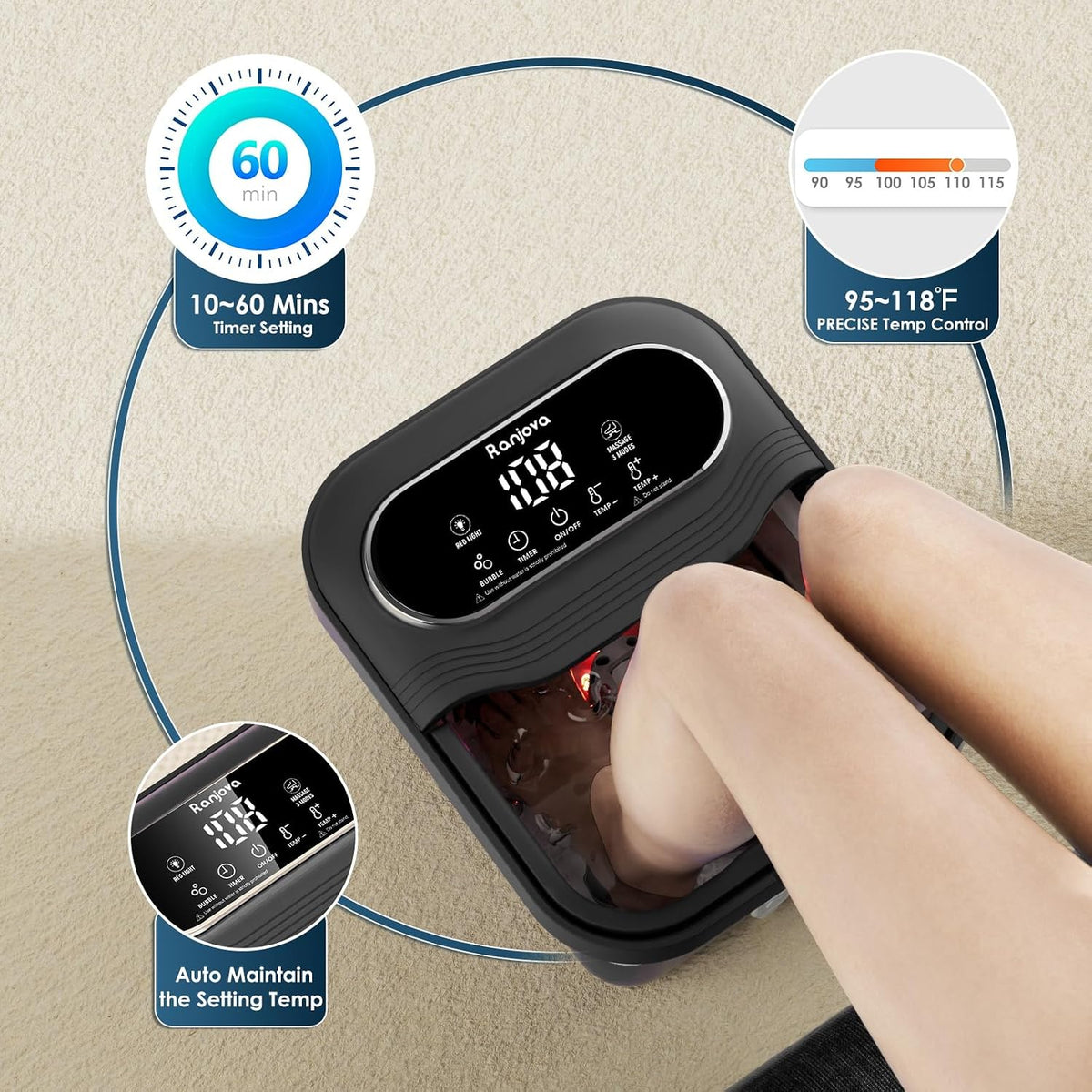 Ranjova Foot Spa Electric Rotary Massage with Heat, Bubble, Remote Control