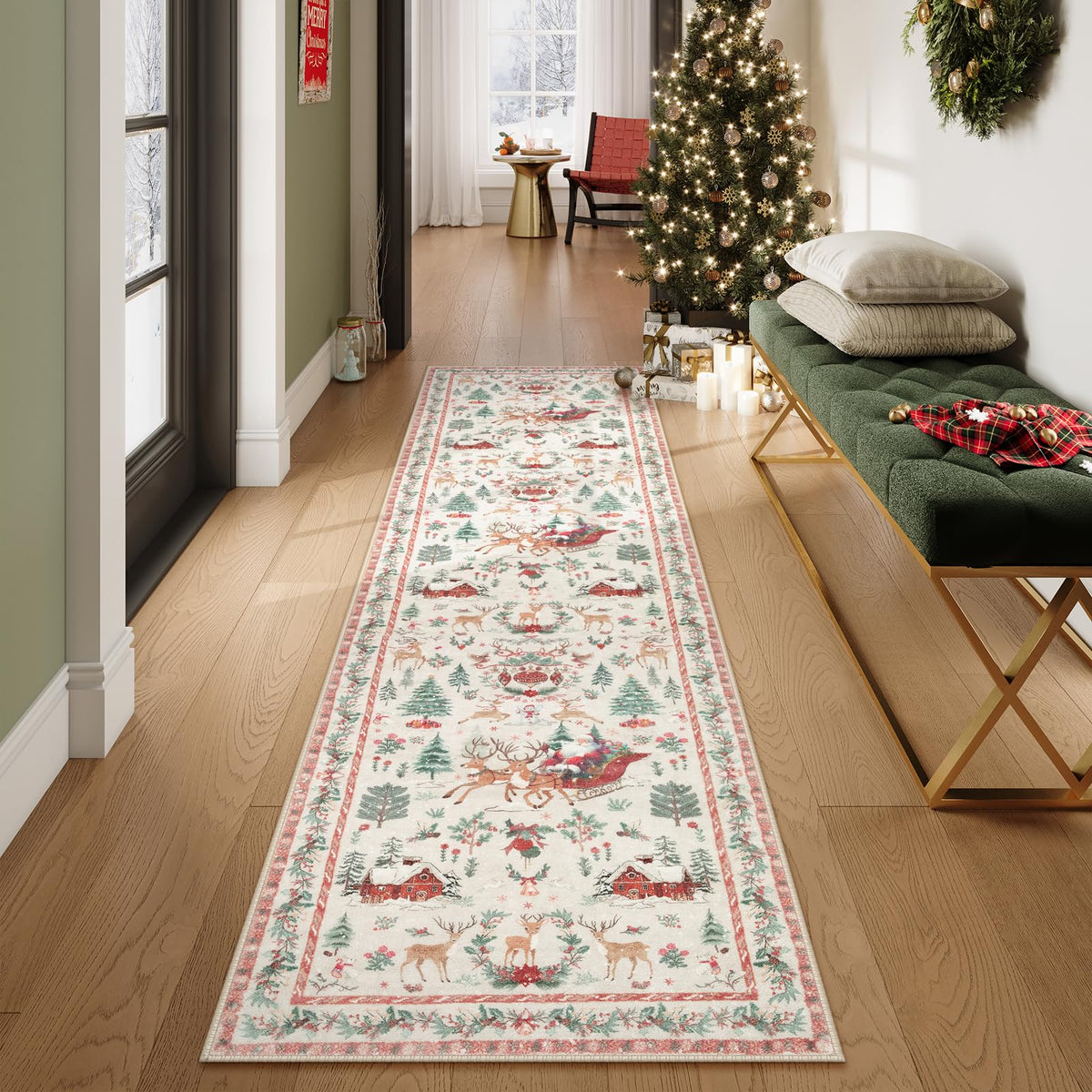Lahome Christmas 8x10 Living Room Area Rug, Soft Christmas Tree Large Washable Rug for Bedroom, Non Slip Low Pile Indoor Floor Carpet for Home Office Xmas Holiday Decor, Beige