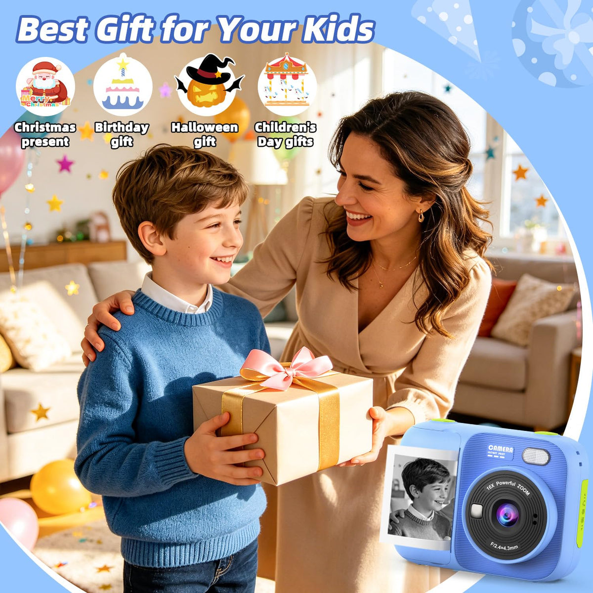 Kids Instant Print Camera with 5 Rolls Print Paper, 1080P HD Camera, Rechargeable Portable Toddler Selfie Camera, Christmas Birthday Gifts Toys for Boys Girls Age 3-12 (Red & Blue)