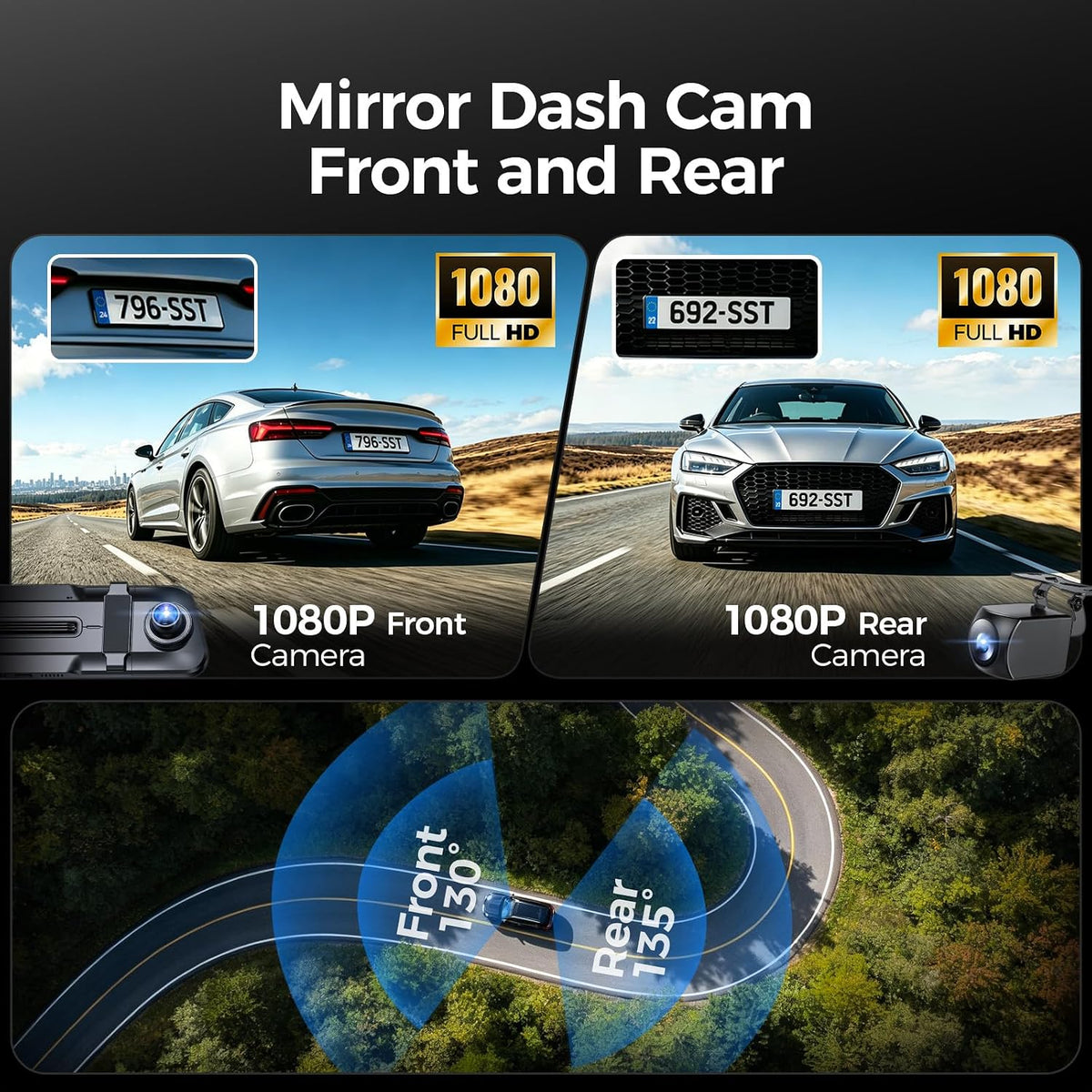 Mirror Dash Cam,10" 1080P Touch Screen Front & Rear View Mirror Camera