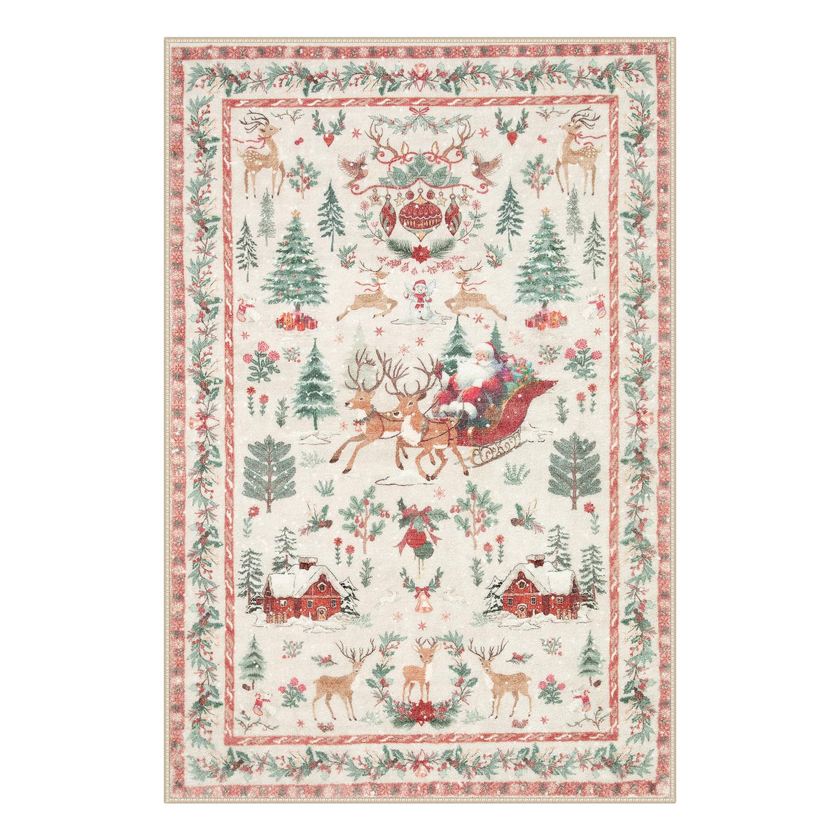 Lahome Christmas 8x10 Living Room Area Rug, Soft Christmas Tree Large Washable Rug for Bedroom, Non Slip Low Pile Indoor Floor Carpet for Home Office Xmas Holiday Decor, Beige