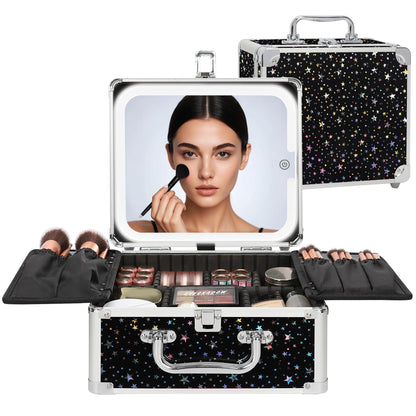 Makeup Train Case with LED Mirror, Rechargeable Travel Makeup Bag