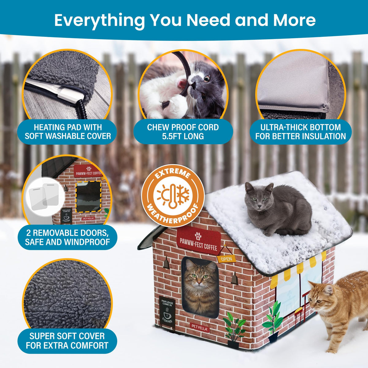 Deluxe Heated Cat House for Winter - Weatherproof, Insulated, Easy Assembly, Cat Heating Pad, Dual Escape Doors, Outdoor & Indoor Cat House - Blue Tiles Pethouse